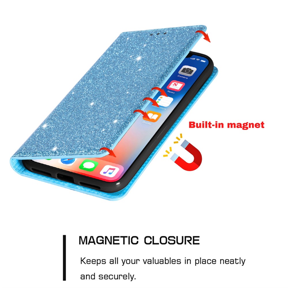  iPhone 15 Plus Fodral Flip Glitter Blå