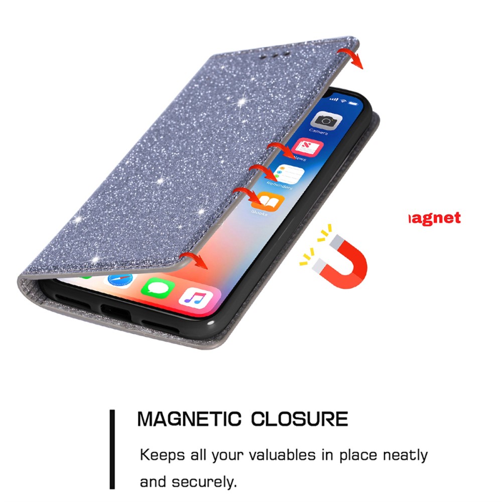  iPhone 15 Plus Fodral Flip Glitter Grå