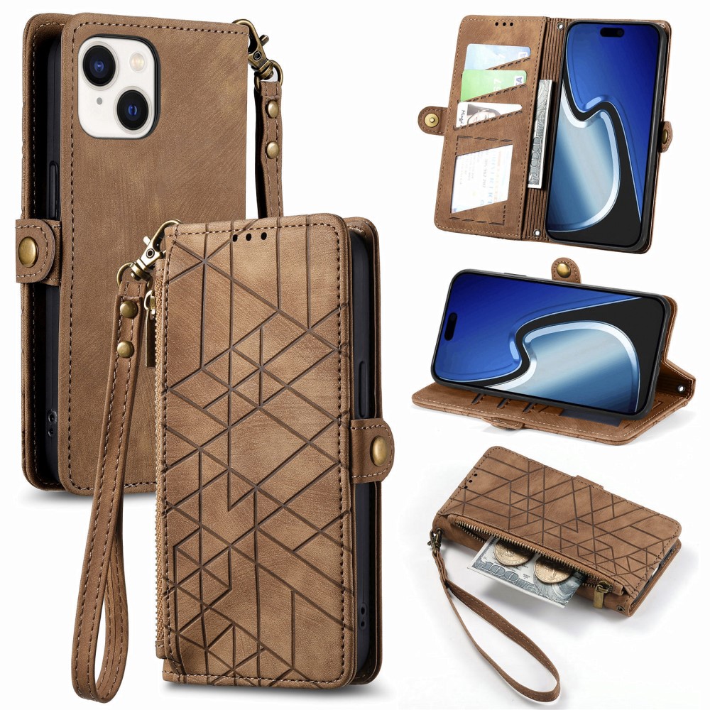  iPhone 15 Plus Fodral Geometri Med Snodd Brun