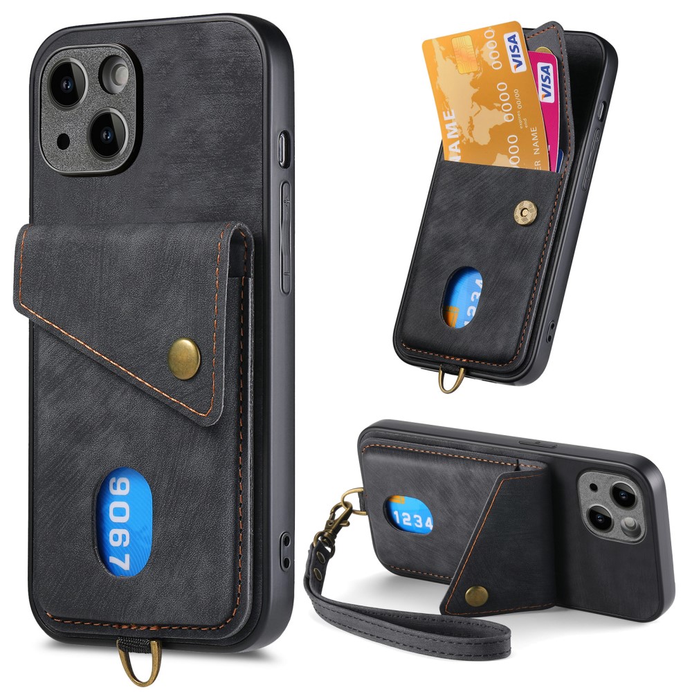  iPhone 15 Plus Skal Retro Läder Med Kortfack Svart