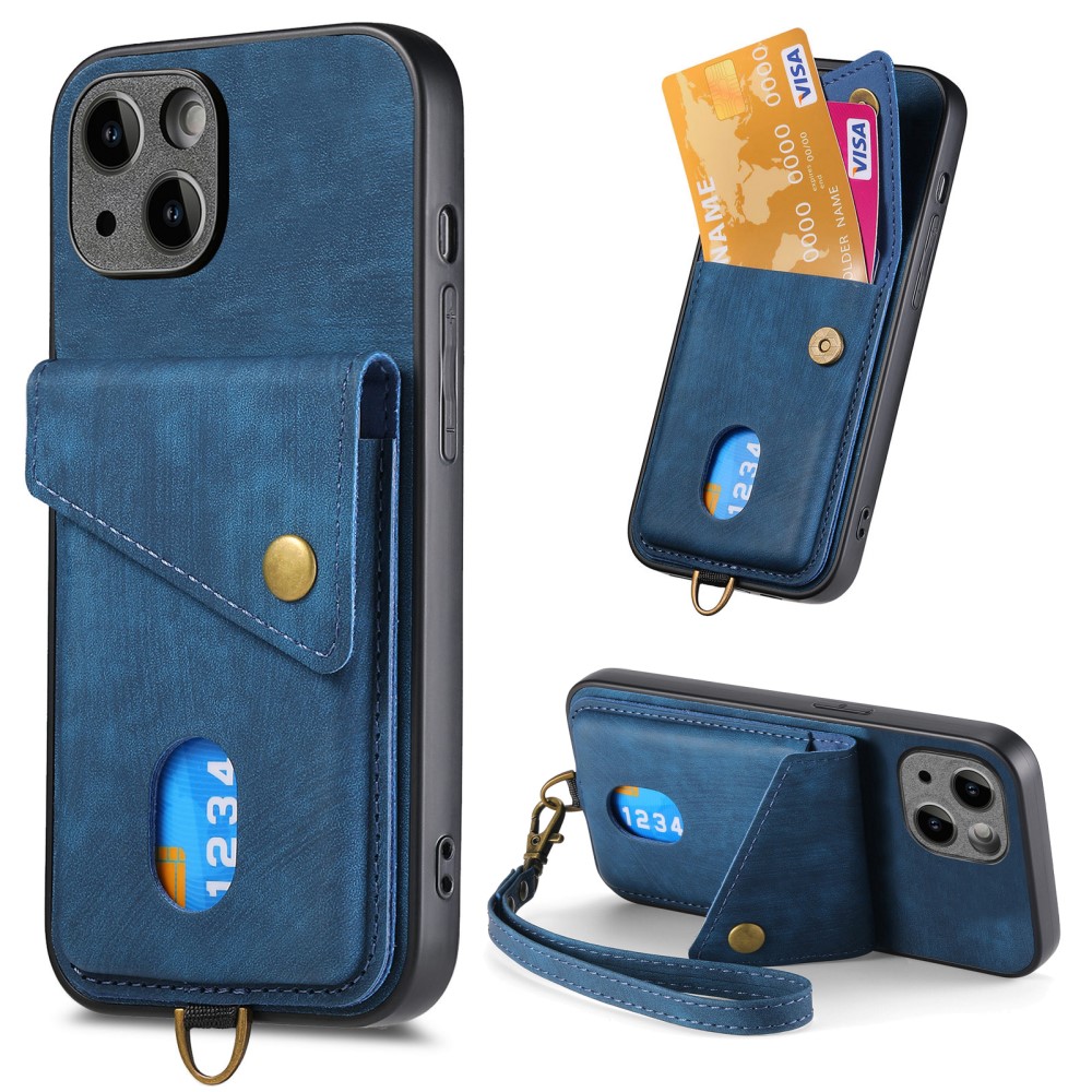  iPhone 15 Plus Skal Retro Läder Med Kortfack Blå