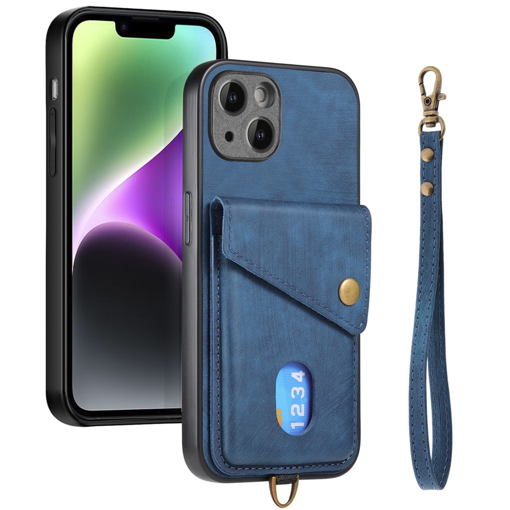  iPhone 15 Plus Skal Retro Läder Med Kortfack Blå