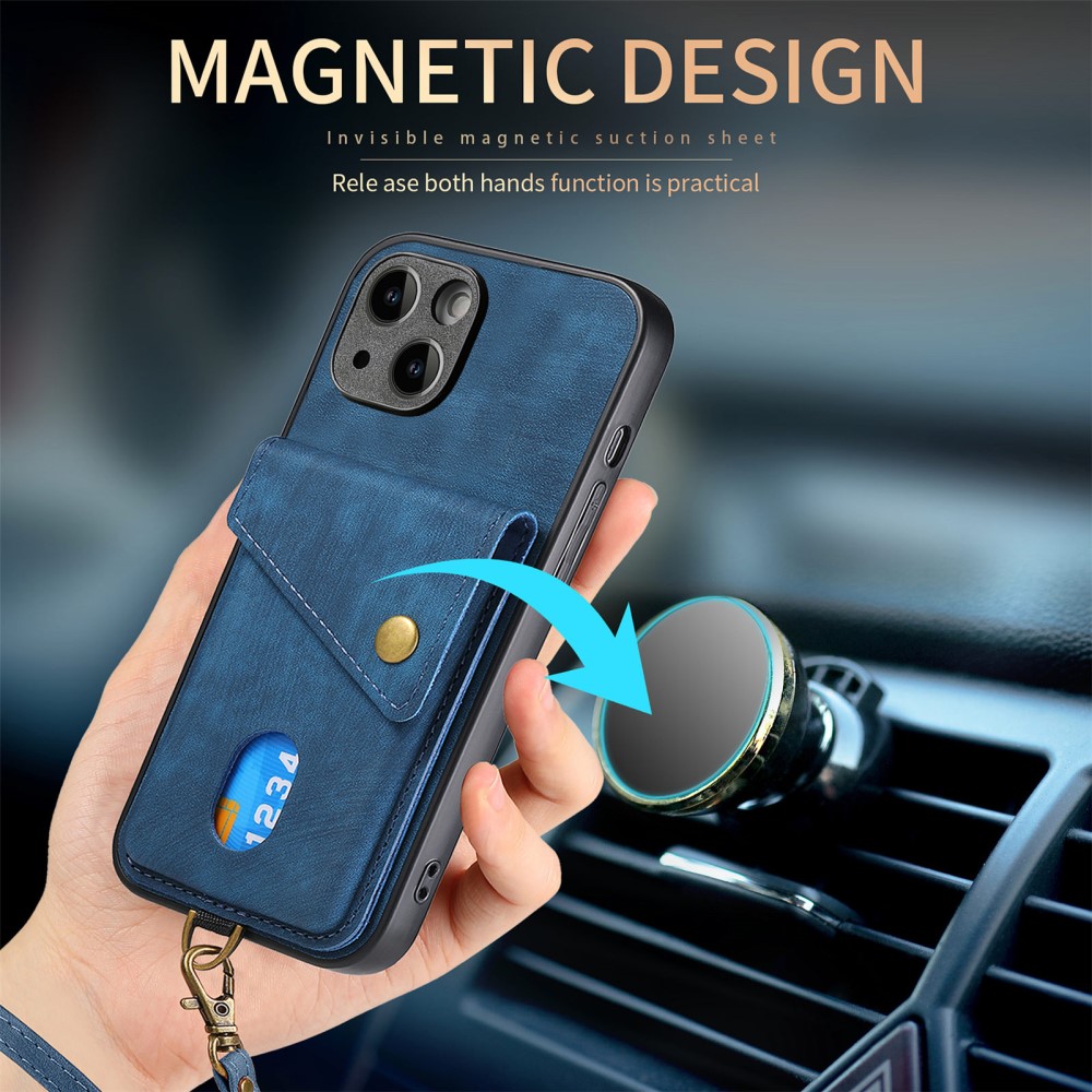  iPhone 15 Plus Skal Retro Läder Med Kortfack Blå