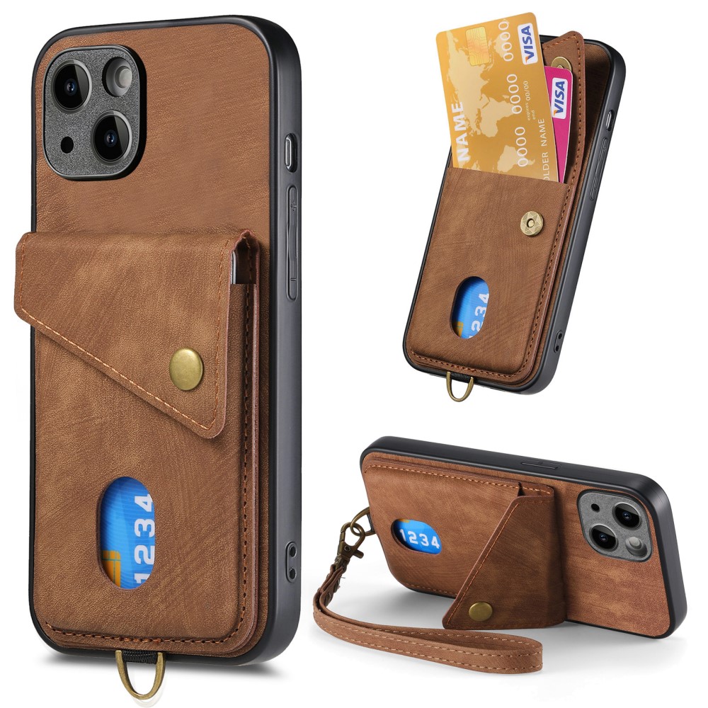  iPhone 15 Plus Skal Retro Läder Med Kortfack Brun
