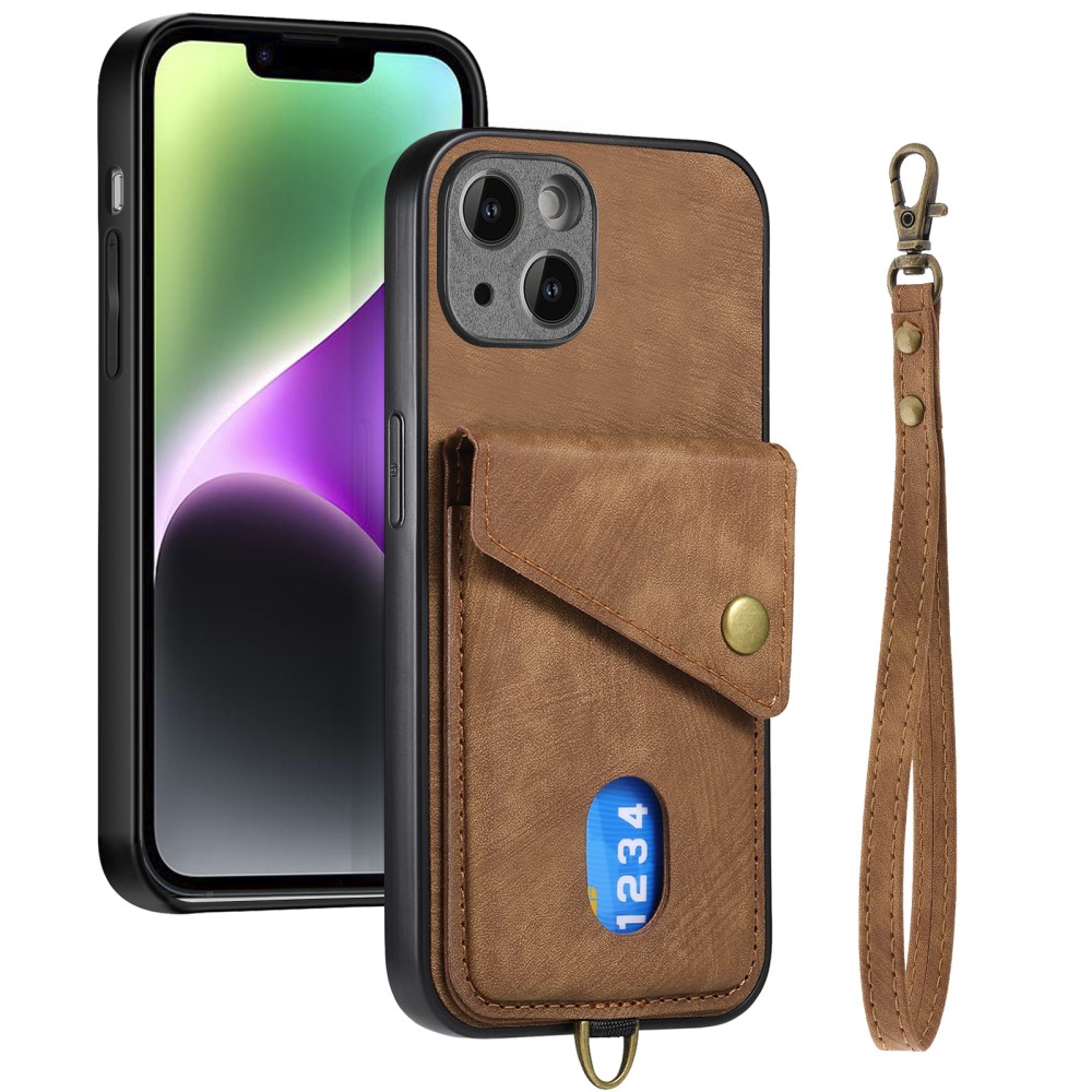  iPhone 15 Plus Skal Retro Läder Med Kortfack Brun