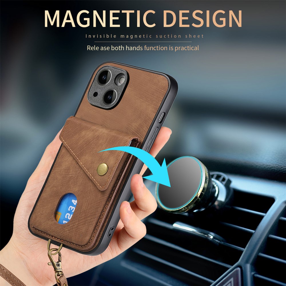  iPhone 15 Plus Skal Retro Läder Med Kortfack Brun