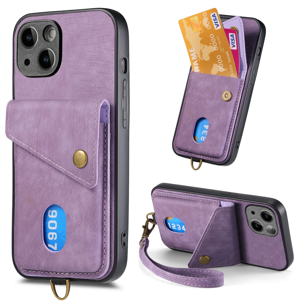  iPhone 15 Plus Skal Retro Läder Med Kortfack Lila