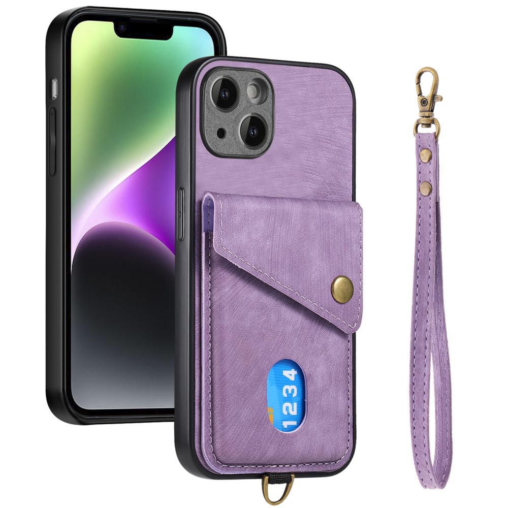  iPhone 15 Plus Skal Retro Läder Med Kortfack Lila