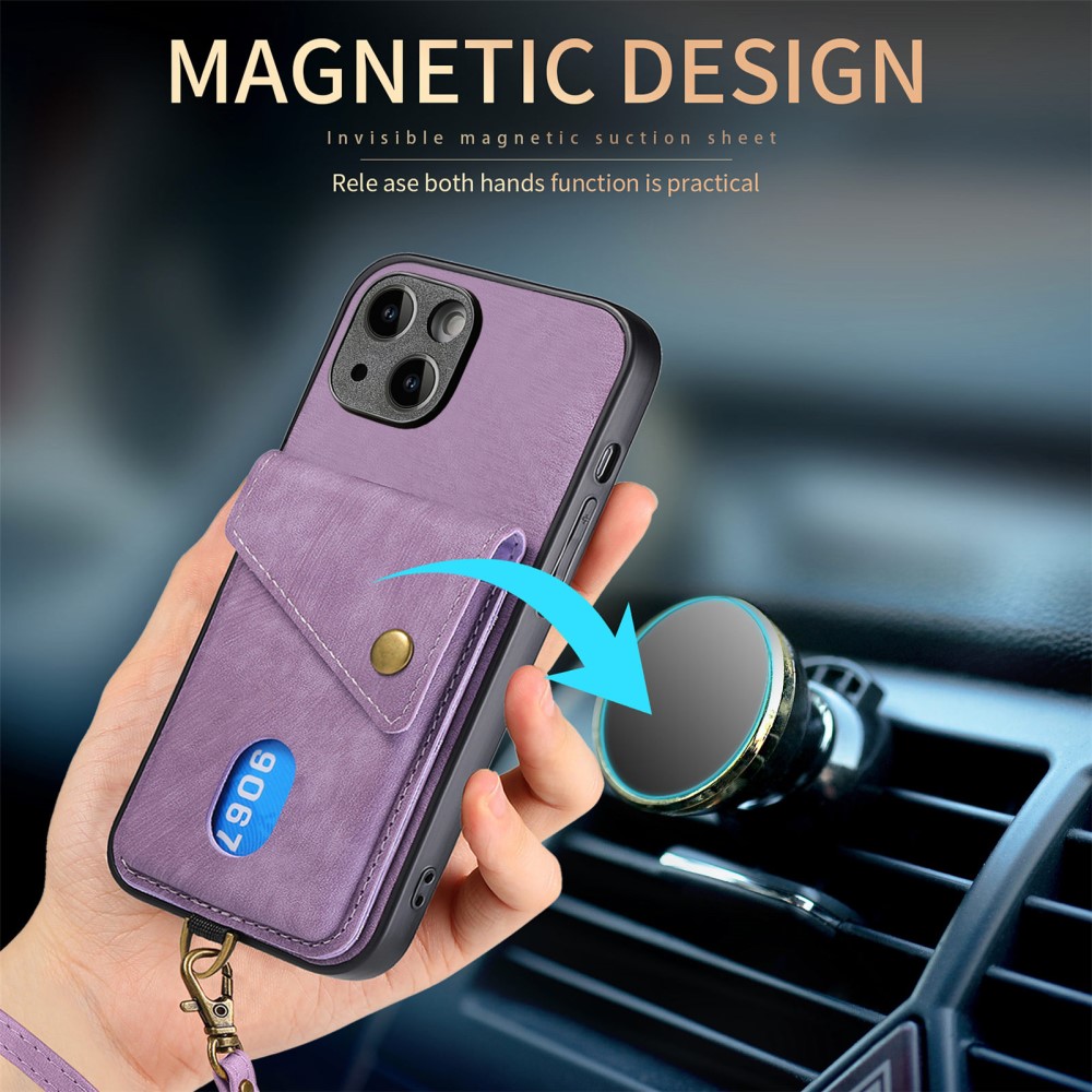  iPhone 15 Plus Skal Retro Läder Med Kortfack Lila