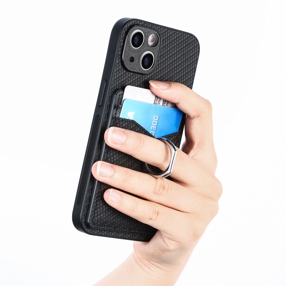  iPhone 15 Plus Skal Kolfiber Textur Ring Kortfack Svart