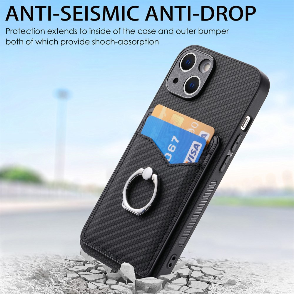  iPhone 15 Plus Skal Kolfiber Textur Ring Kortfack Svart