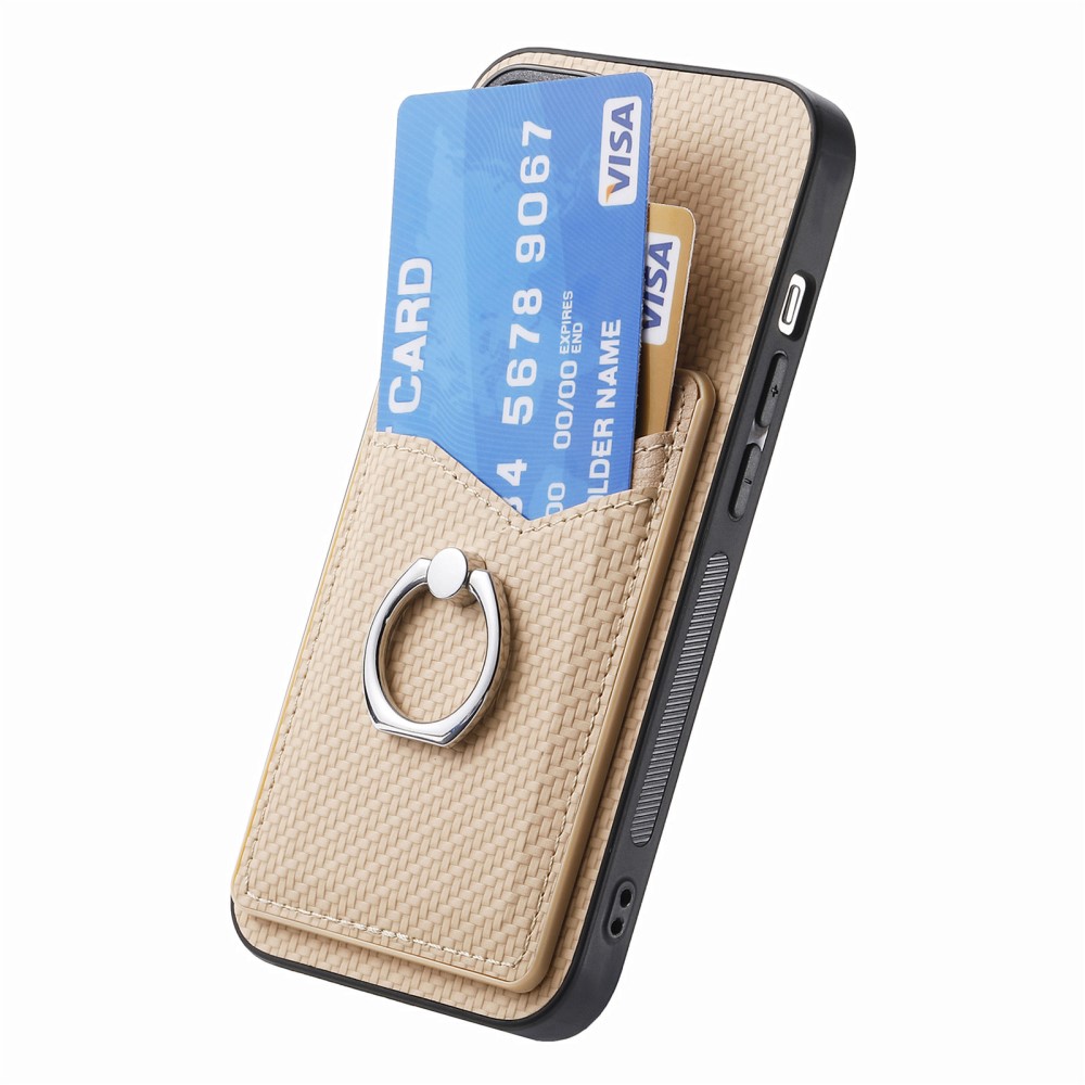  iPhone 15 Plus Skal Kolfiber Textur Ring Kortfack Aprikos