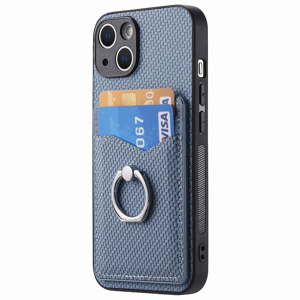  iPhone 15 Plus Skal Kolfiber Textur Ring Kortfack Blå