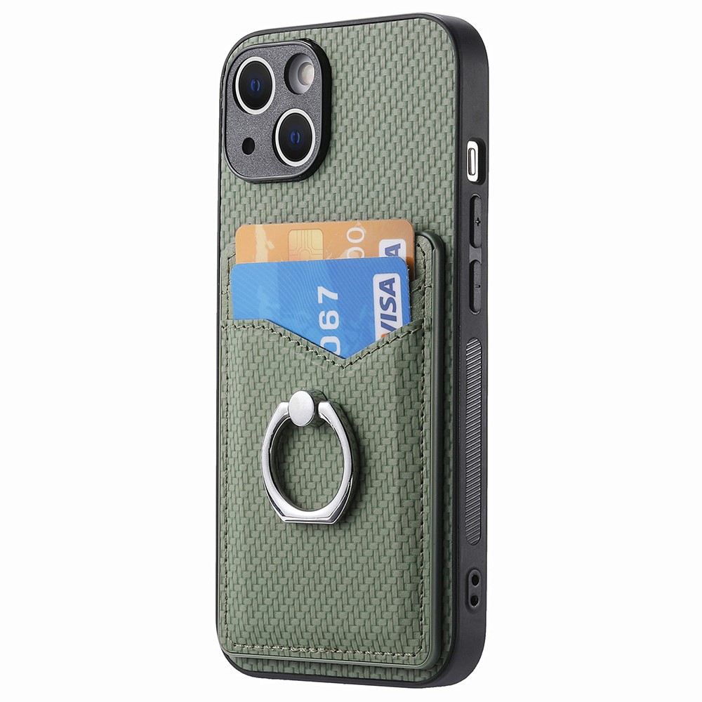  iPhone 15 Plus Skal Kolfiber Textur Ring Kortfack Grön