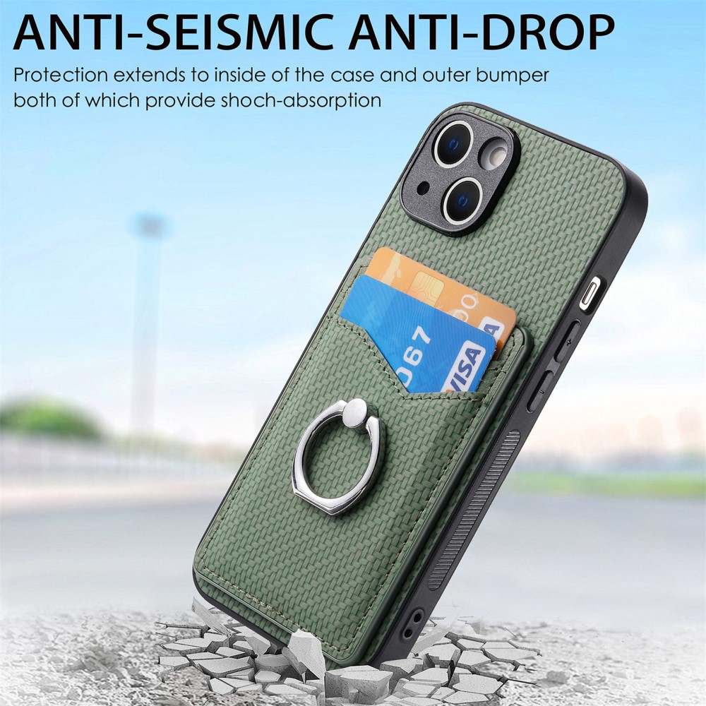  iPhone 15 Plus Skal Kolfiber Textur Ring Kortfack Grön