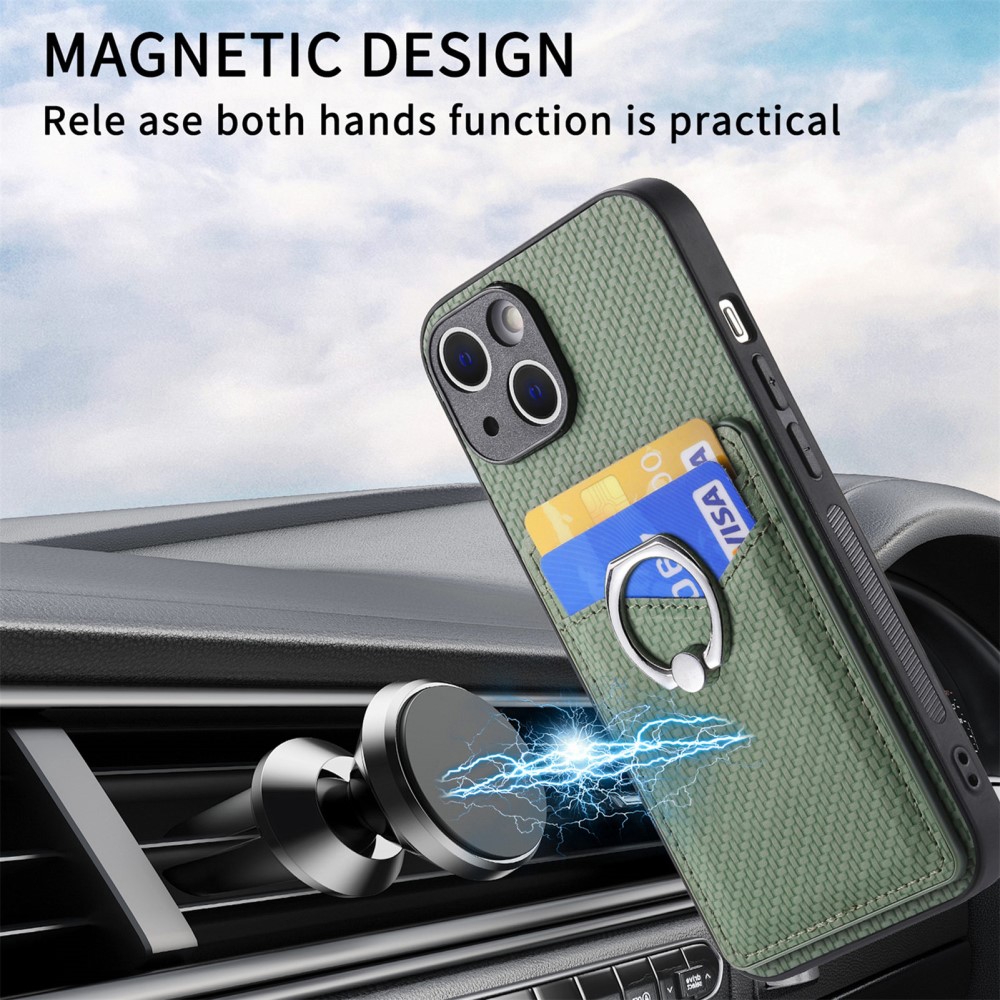  iPhone 15 Plus Skal Kolfiber Textur Ring Kortfack Grön