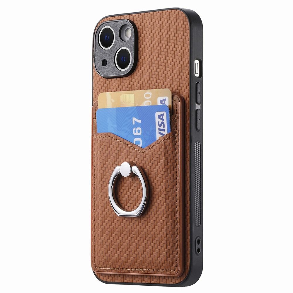  iPhone 15 Plus Skal Kolfiber Textur Ring Kortfack Brun