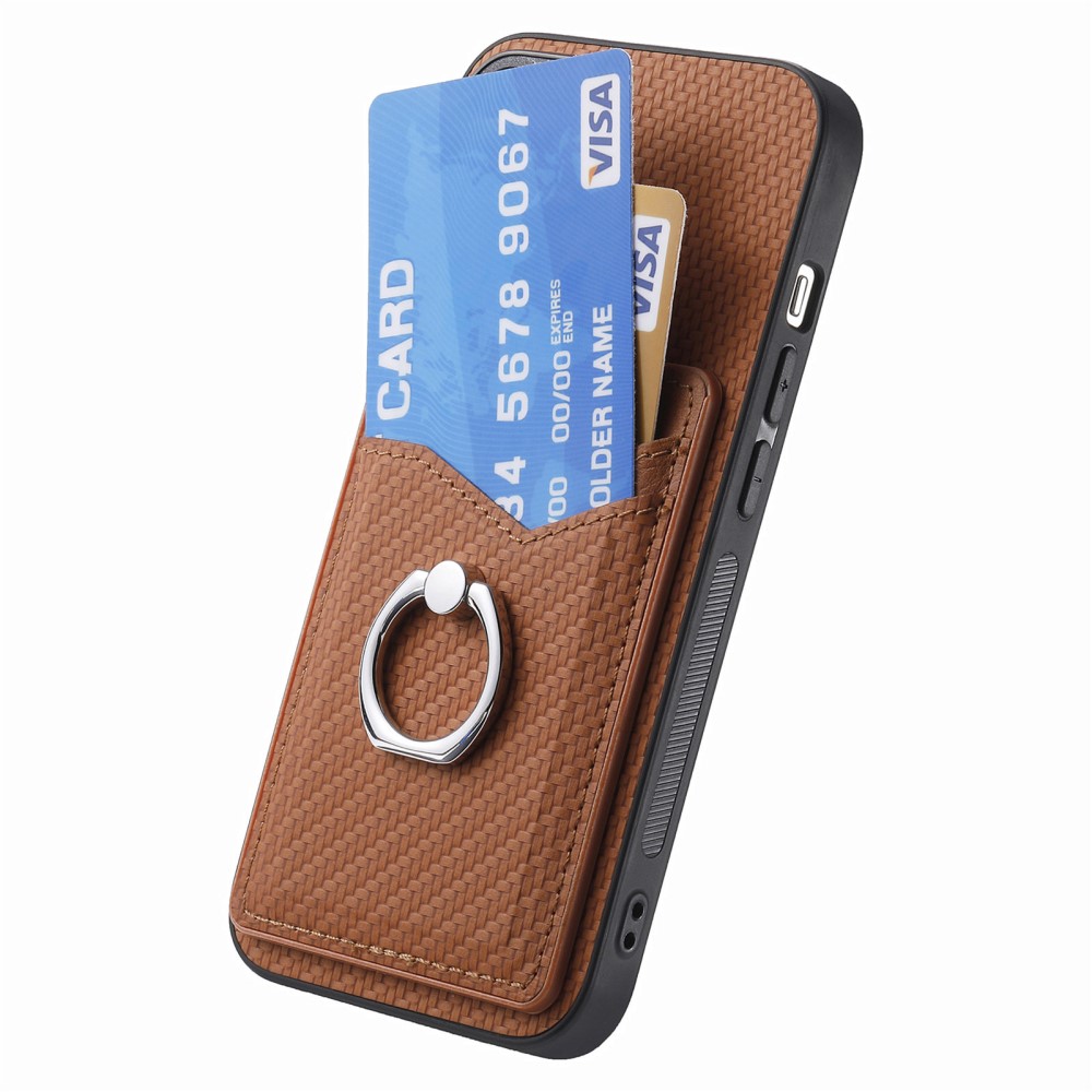  iPhone 15 Plus Skal Kolfiber Textur Ring Kortfack Brun