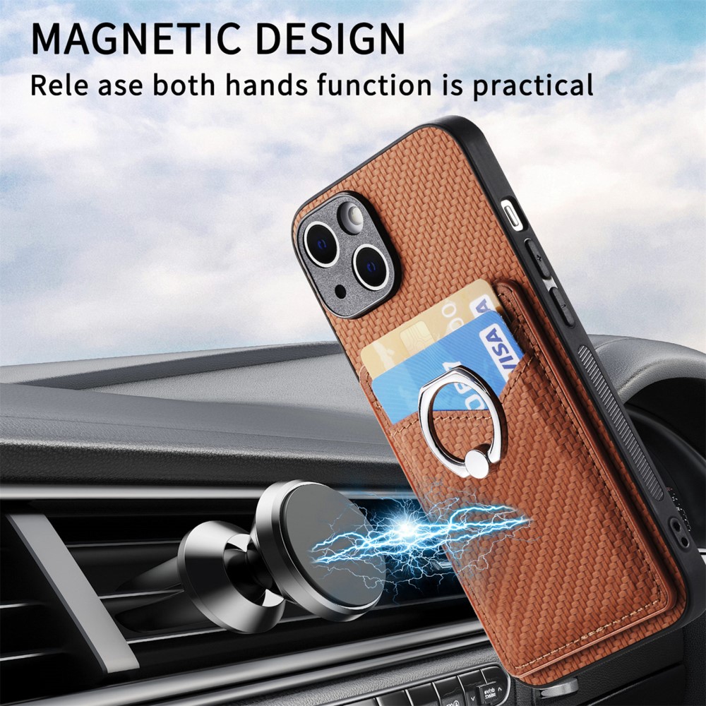  iPhone 15 Plus Skal Kolfiber Textur Ring Kortfack Brun