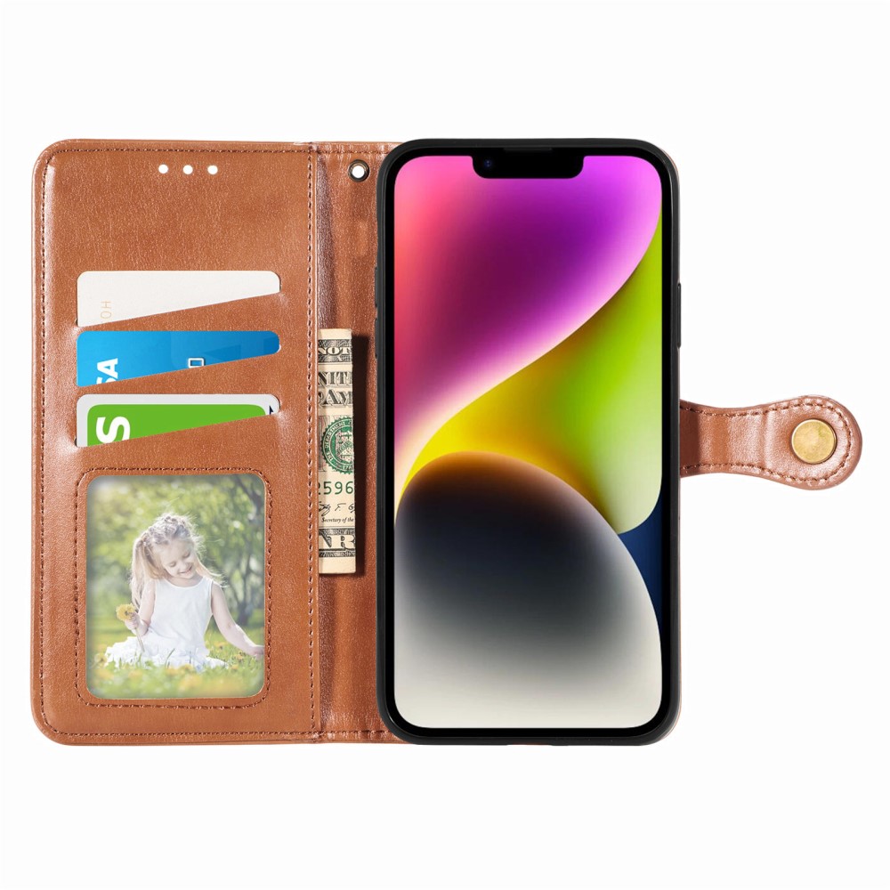  iPhone 15 Plus Fodral Läder Magnetisk Mässing Brun