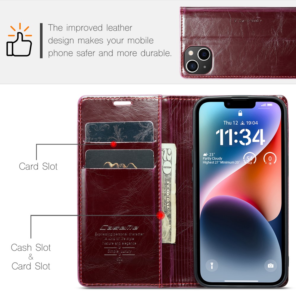 CASEME CASEME iPhone 15 Plus Fodral Oil Wax Flip Vinröd