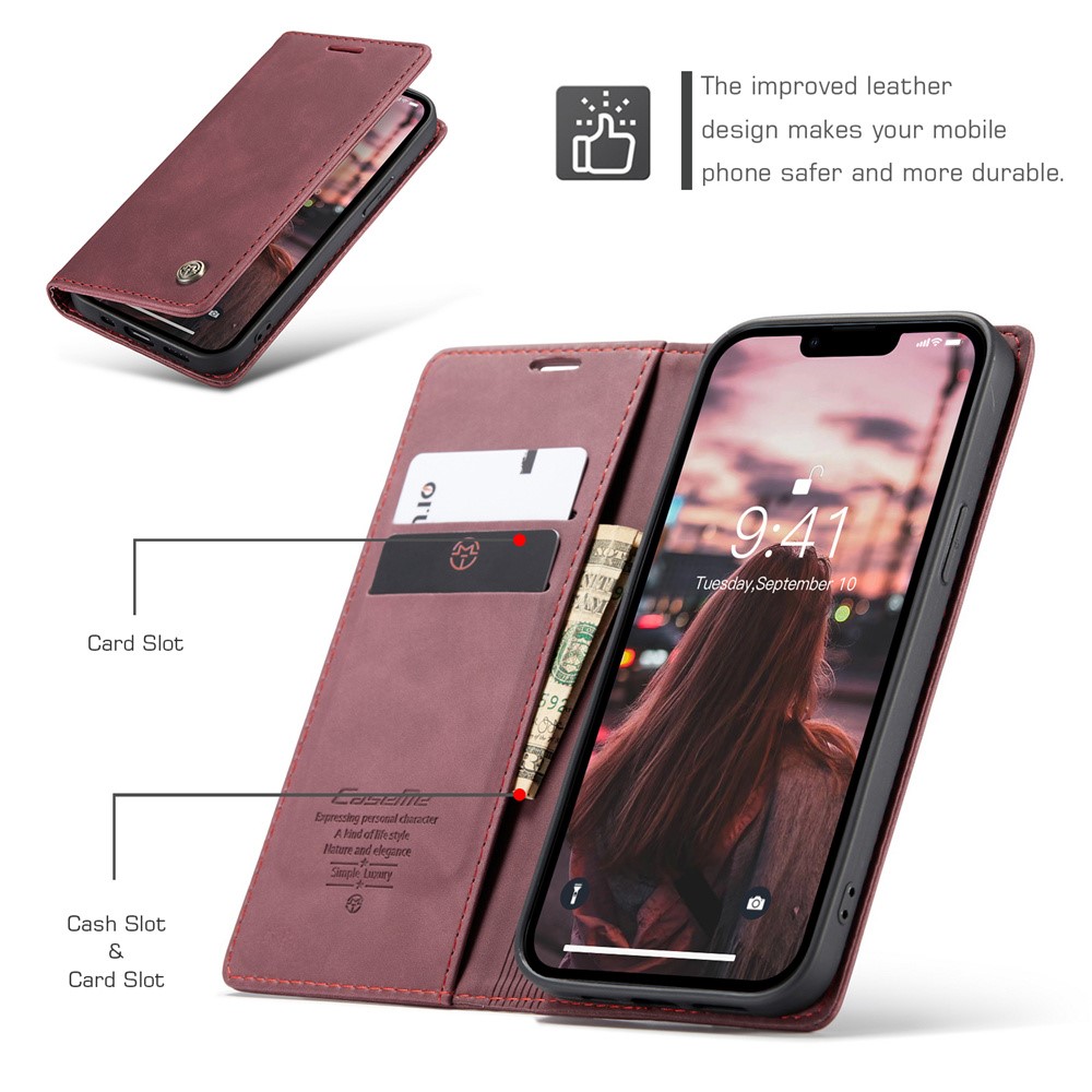 CASEME CASEME iPhone 15 Plus Fodral Flip Retro Läder Vinröd