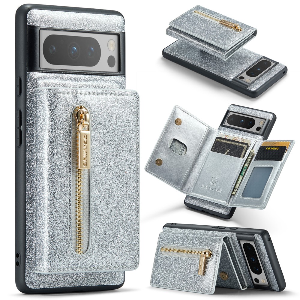 DG.MING DG.MING Google Pixel 8 Pro Skal Magnetisk Plånbok Glitter Silver