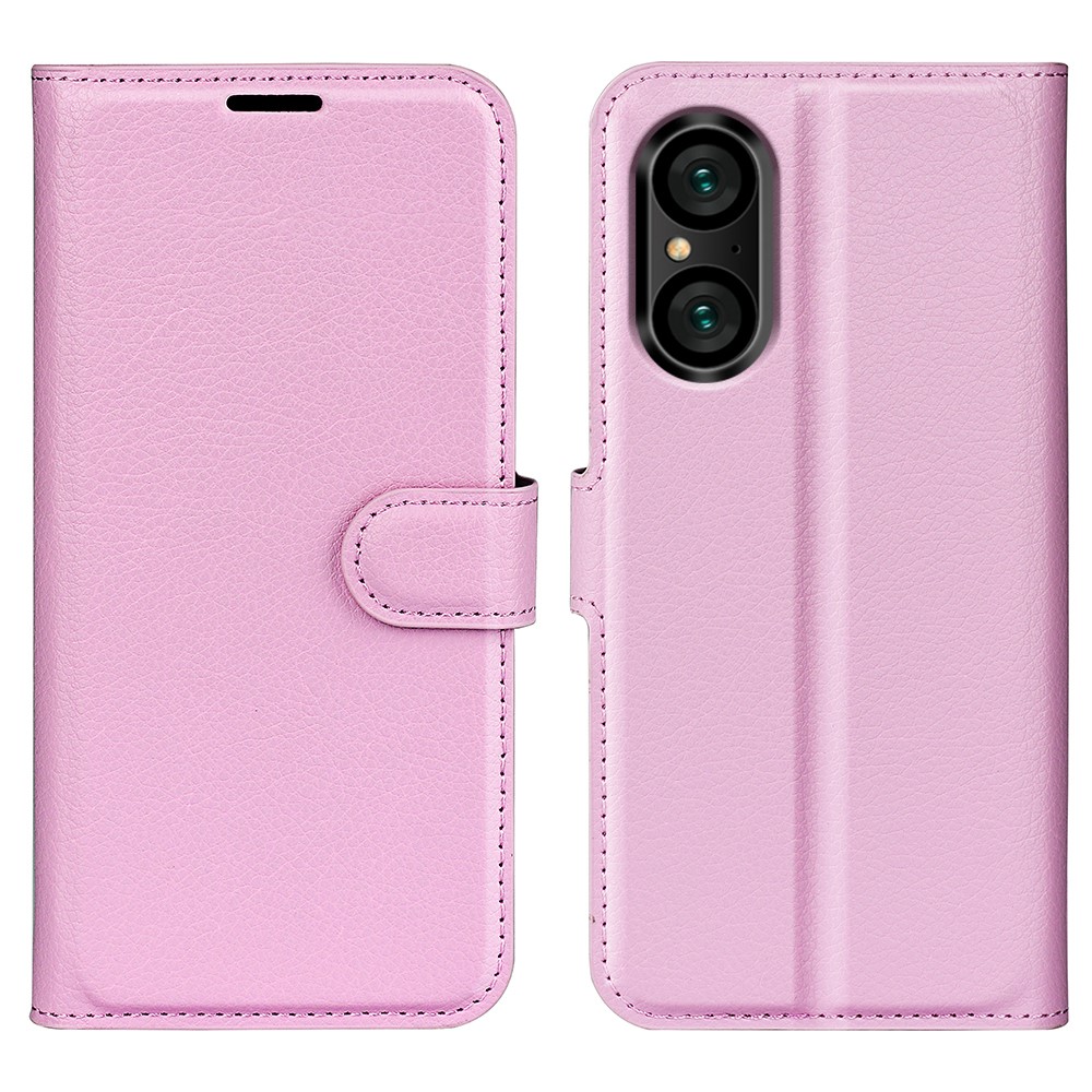  Sony Xperia 5 V Fodral Litchi Textur Ljus Rosa