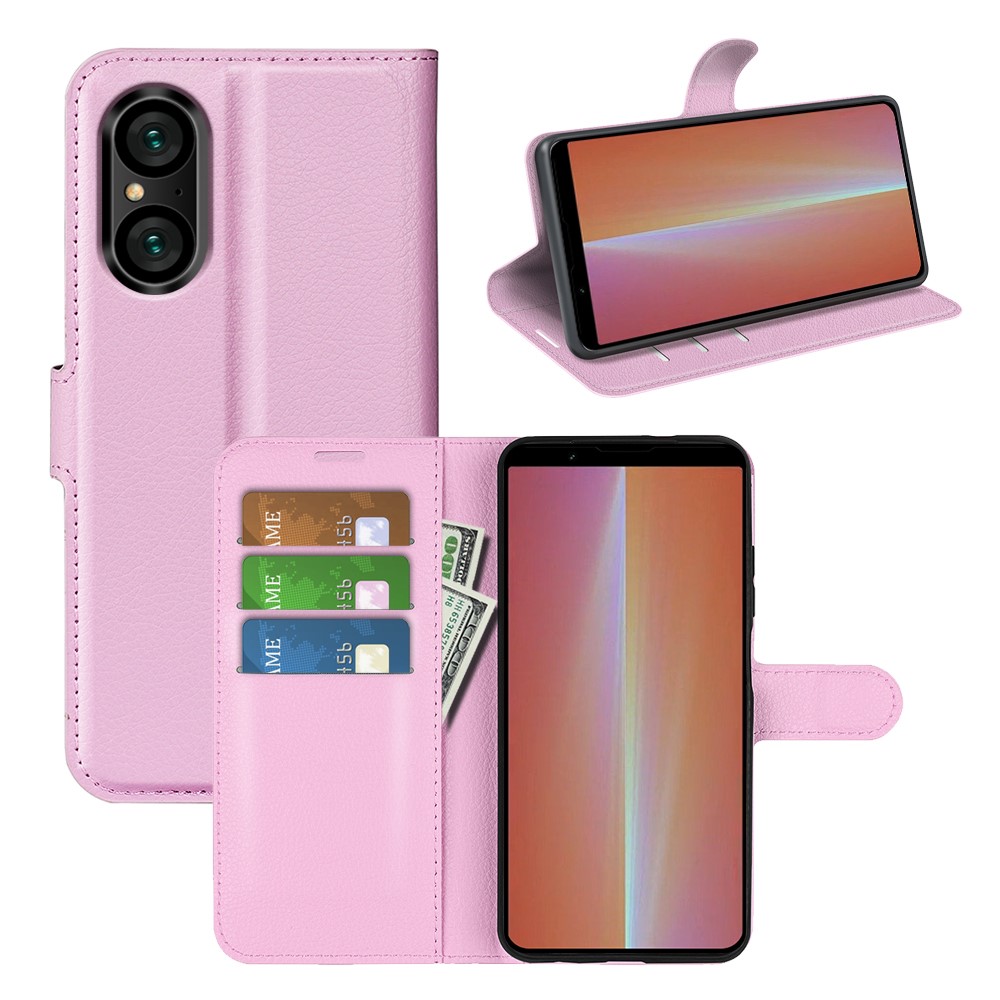  Sony Xperia 5 V Fodral Litchi Textur Ljus Rosa