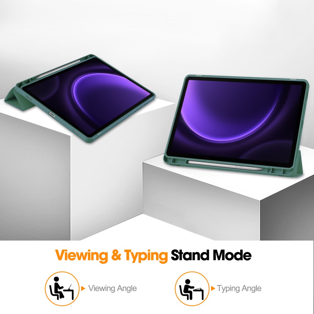  Samsung Galaxy Tab S9 FE Fodral Läder Pennhållare Svartgrön