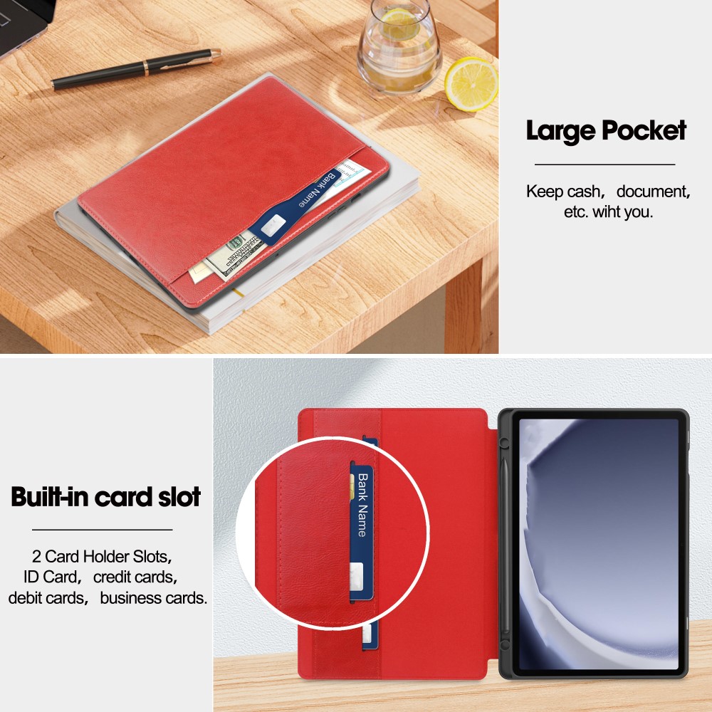  Galaxy Tab A9 Plus Fodral Business Läder Pennhållare Röd