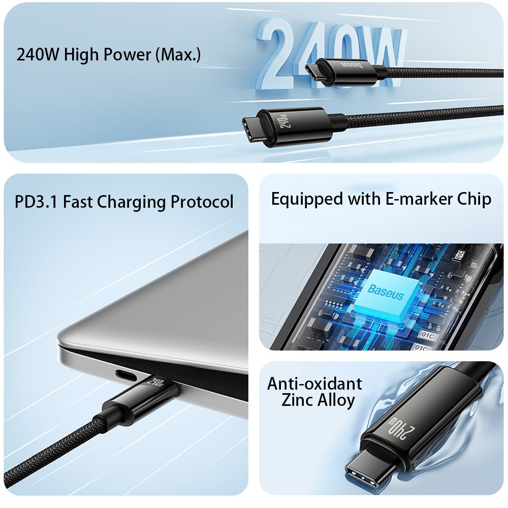 BASEUS Baseus 1m 240W USB-C - USB-C Kabel Tungsten Gold Series Svart