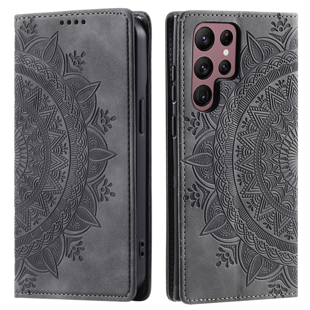  Samsung Galaxy S24 Ultra Fodral Flip Mandala Läder Grå