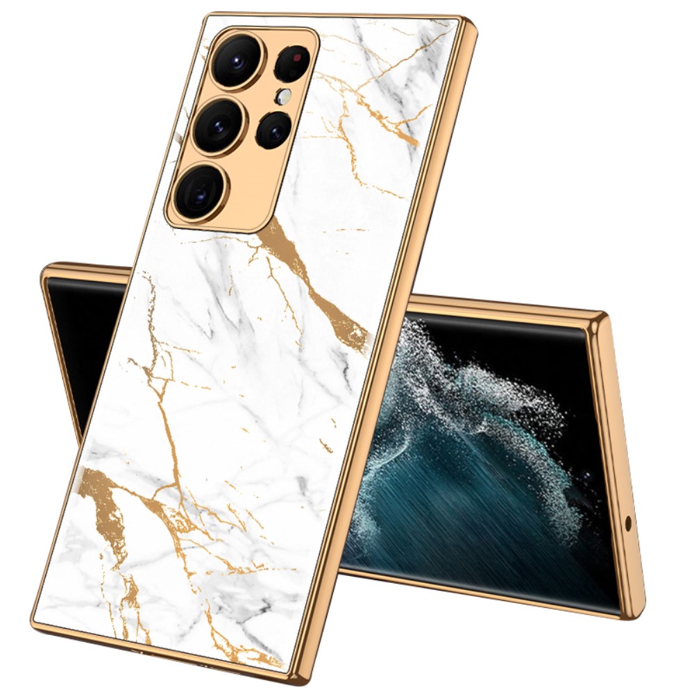 GKK GKK Galaxy S24 Ultra Skal Härdat Glas Electroplate Marmor Vit