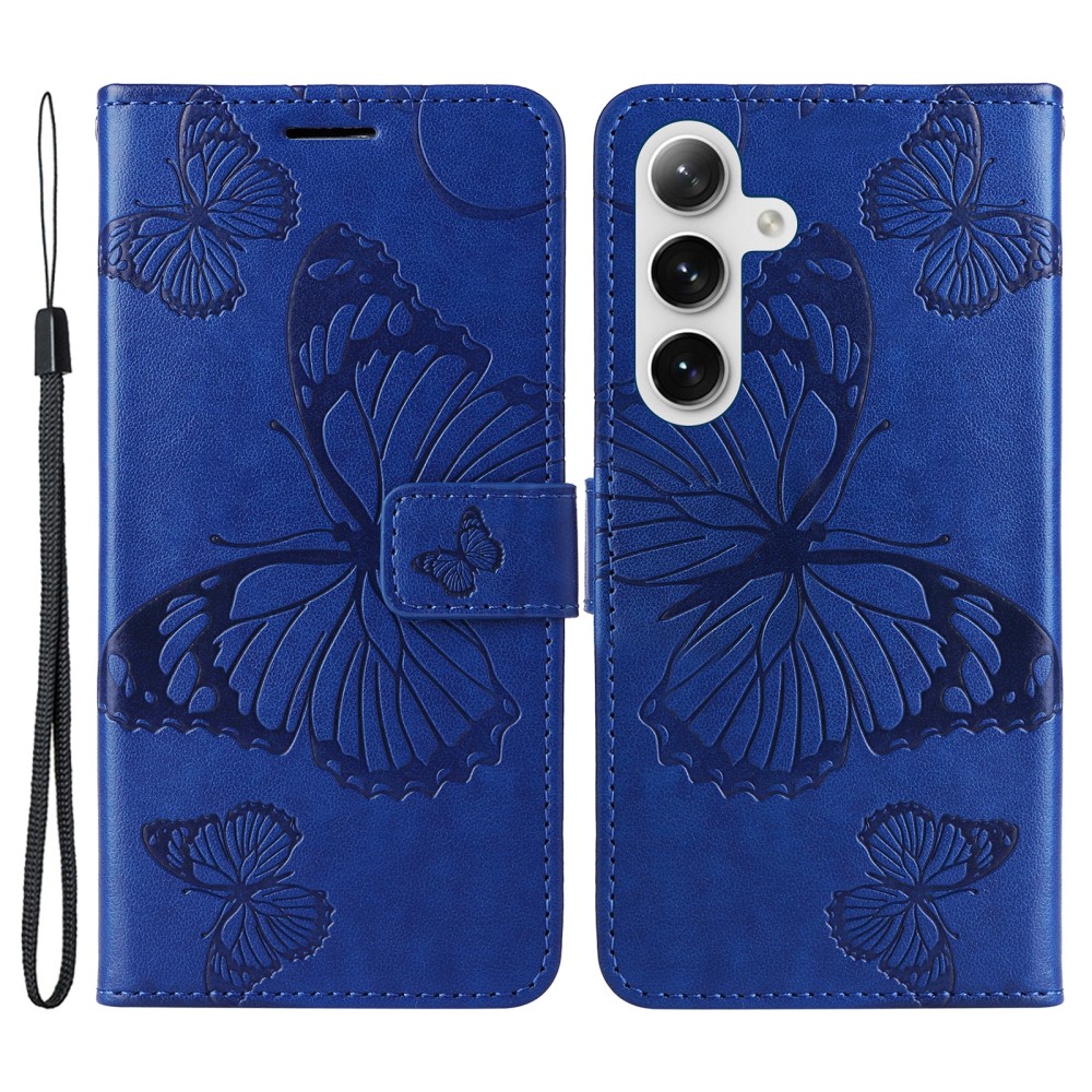  Samsung Galaxy S24 Fodral Fjäril Tryck Blå