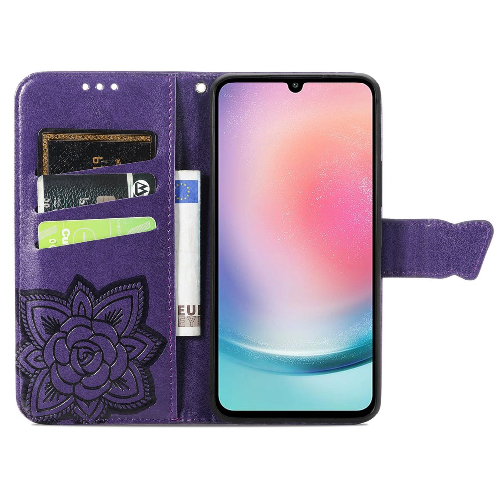  Samsung Galaxy A25 5G Fodral Läder Big Butterfly Mörk Lila