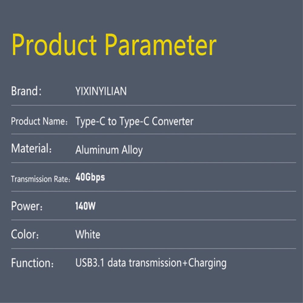  140W USB 3.1 USB-C Hane till USB-C Hane Adapter 8K 40Gbps Vit