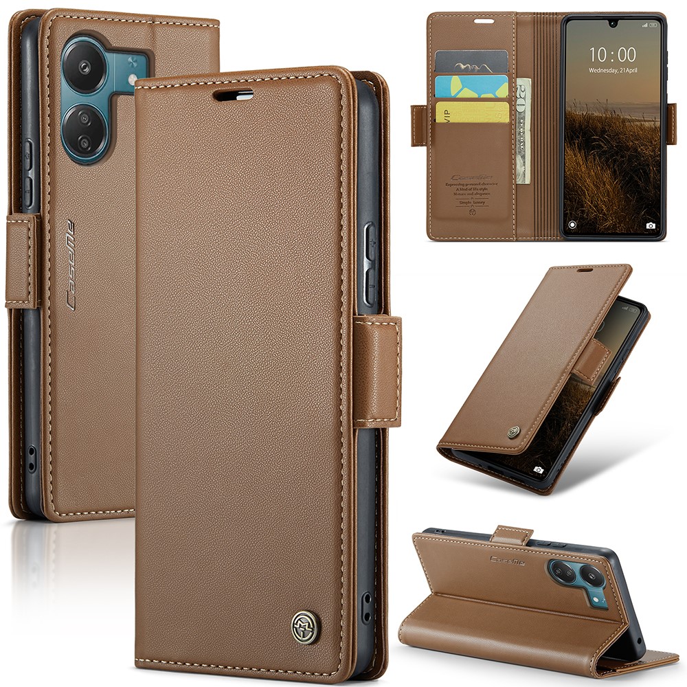 CASEME CASEME Xiaomi Redmi 13C 4G Fodral RFID Litchi Läder Brun