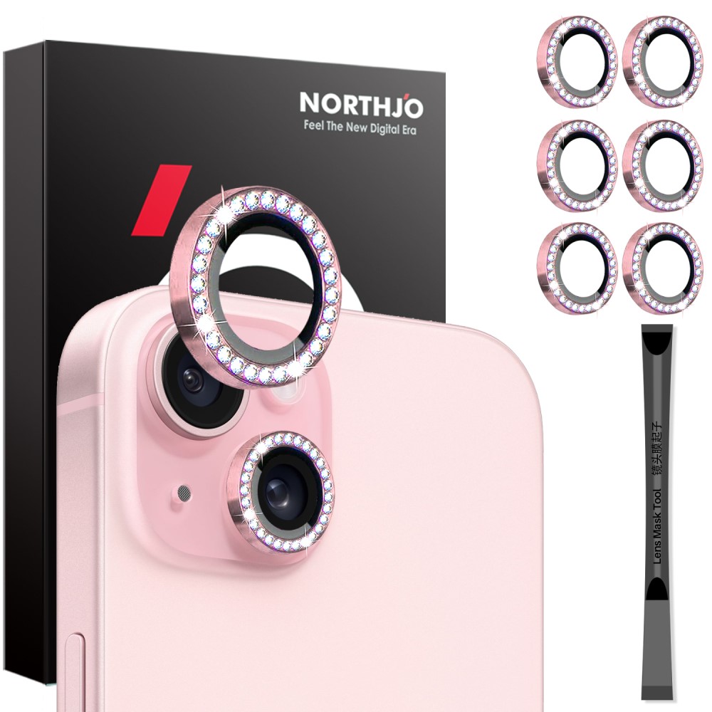 NORTHJO NORTHJO iPhone 15/15 Plus/14/14 Plus Linsskydd Strass 3-PACK Rosa