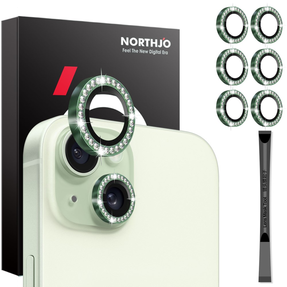 NORTHJO NORTHJO iPhone 15/15 Plus/14/14 Plus Linsskydd Strass 3-PACK Grön