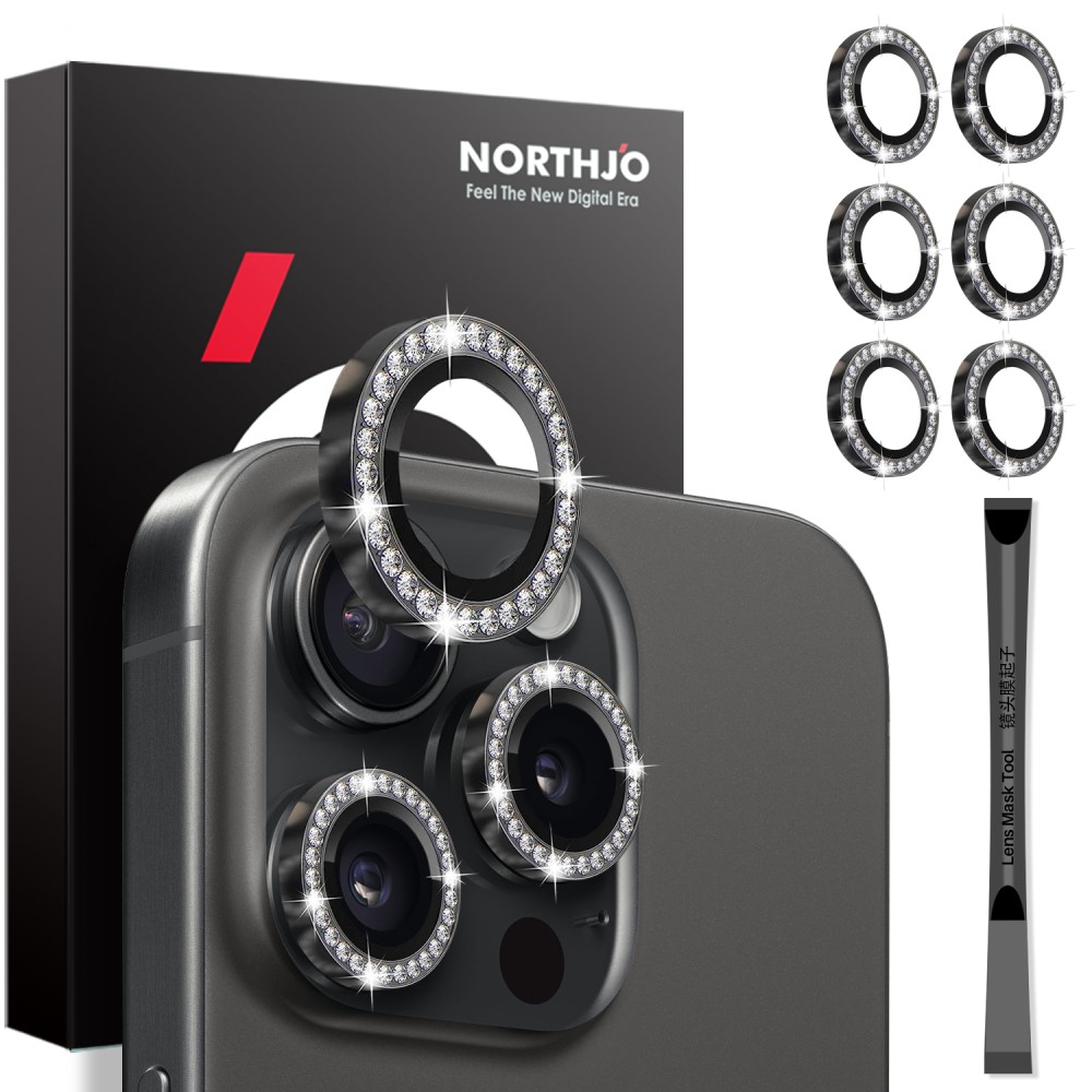 NORTHJO NORTHJO iPhone 15 Pro/Pro Max/14 Pro/Pro Max Linsskydd Strass 2-PACK Svart