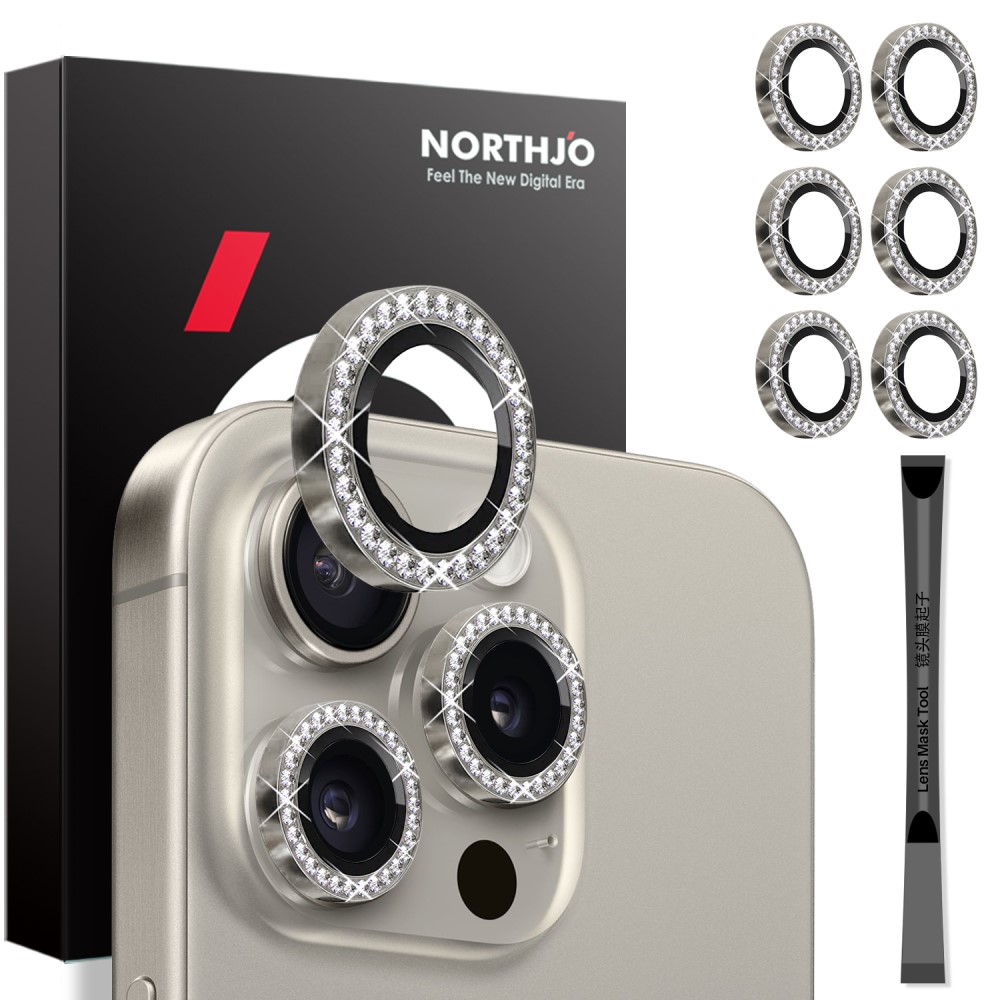NORTHJO NORTHJO iPhone 15 Pro/Pro Max/14 Pro/Pro Max Linsskydd Strass 2-PACK Grå
