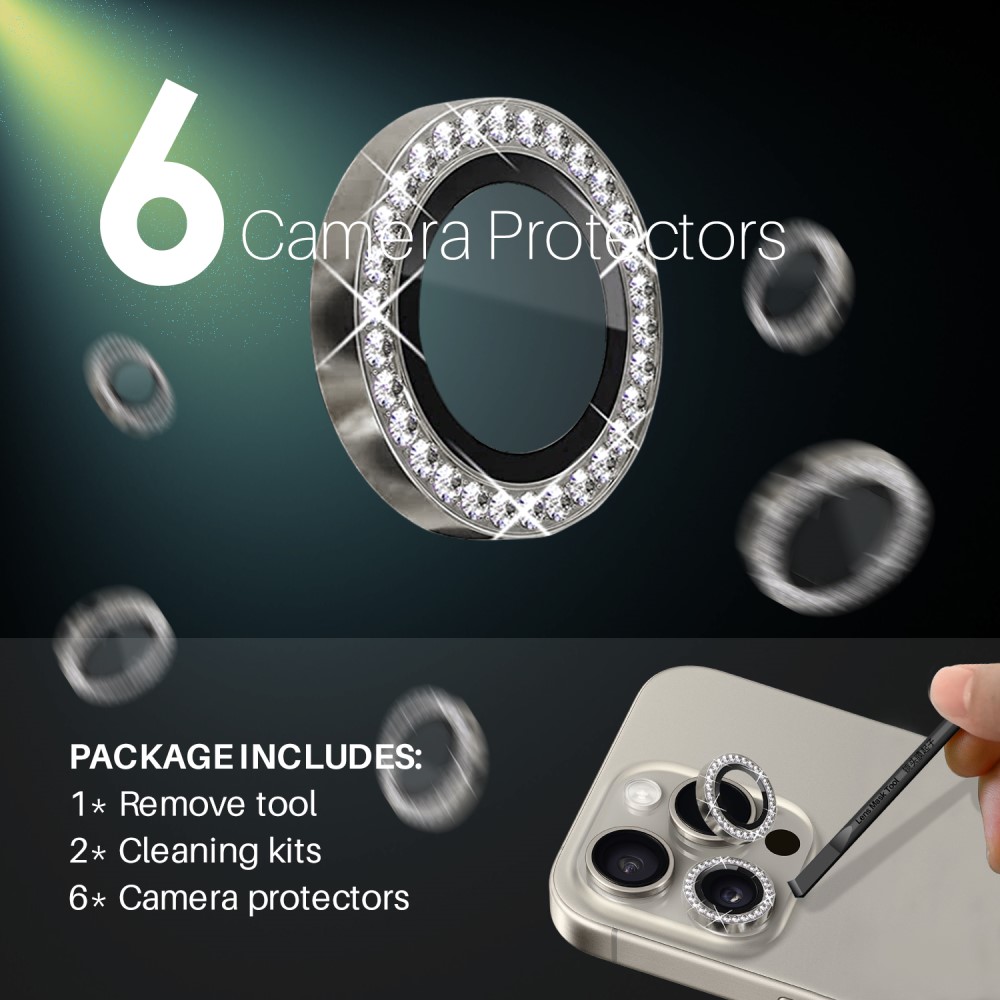 NORTHJO NORTHJO iPhone 15 Pro/Pro Max/14 Pro/Pro Max Linsskydd Strass 2-PACK Grå