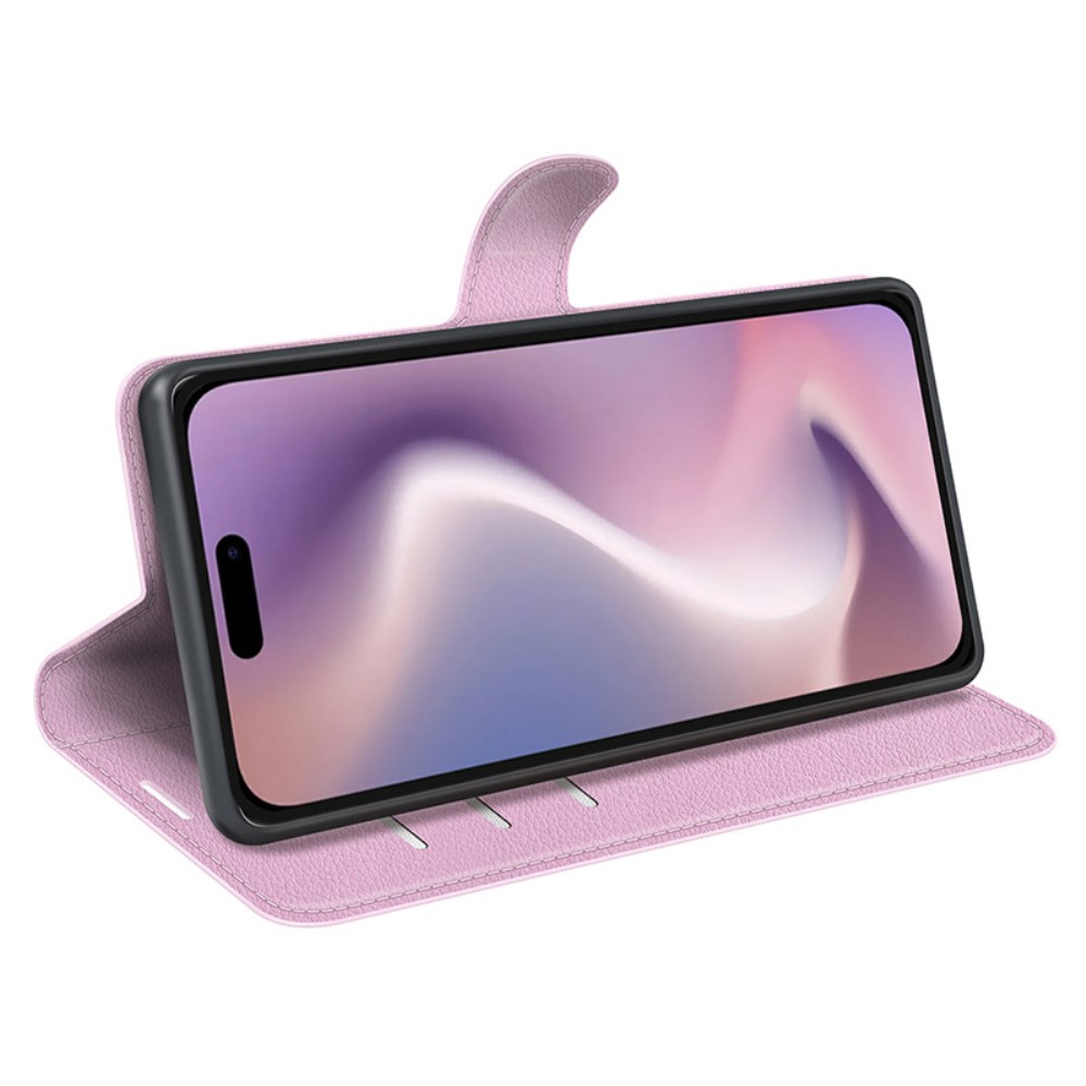  iPhone 16 Fodral Litchi Textur Läder Ljus Rosa