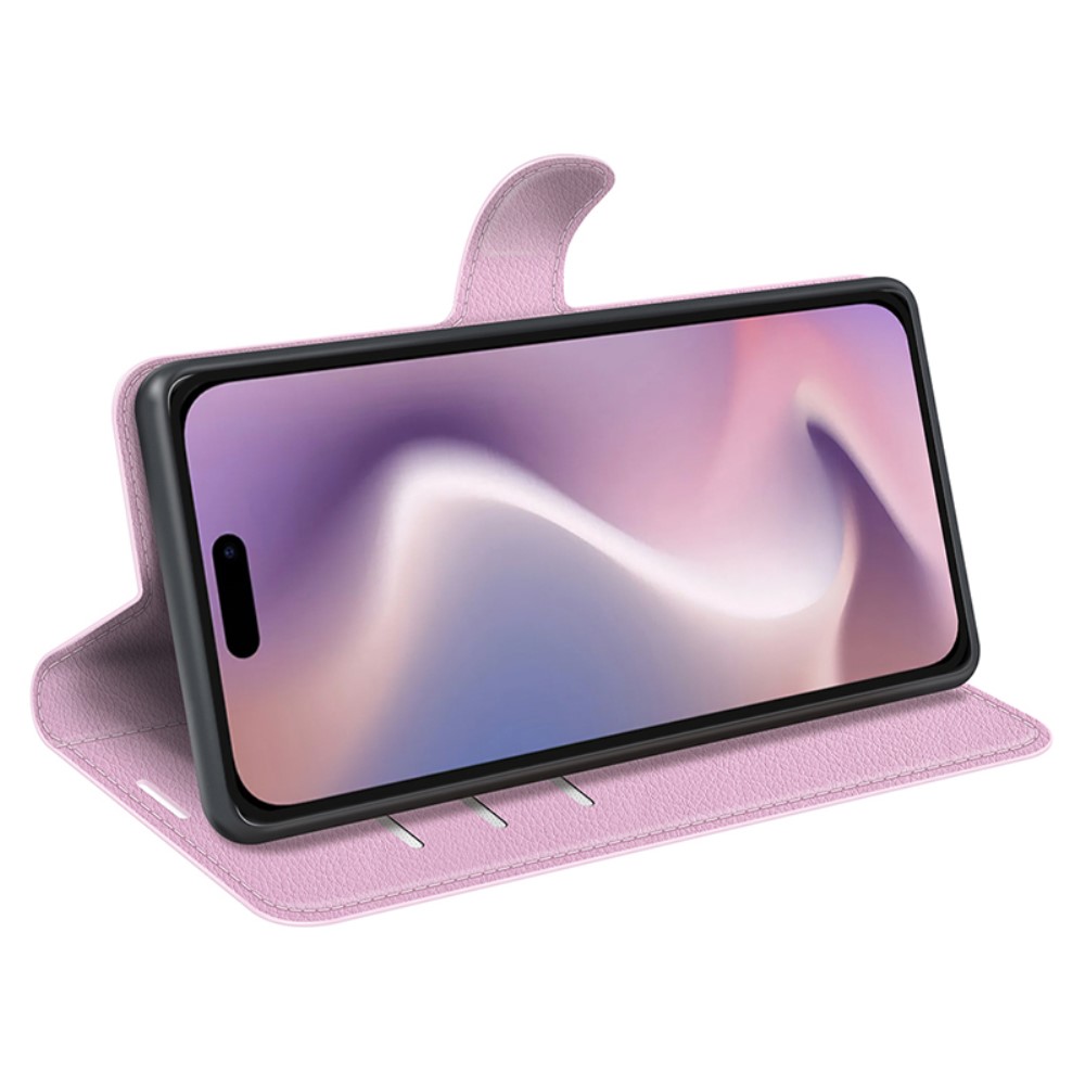  iPhone 16 Pro Fodral Litchi Läder Ljusrosa