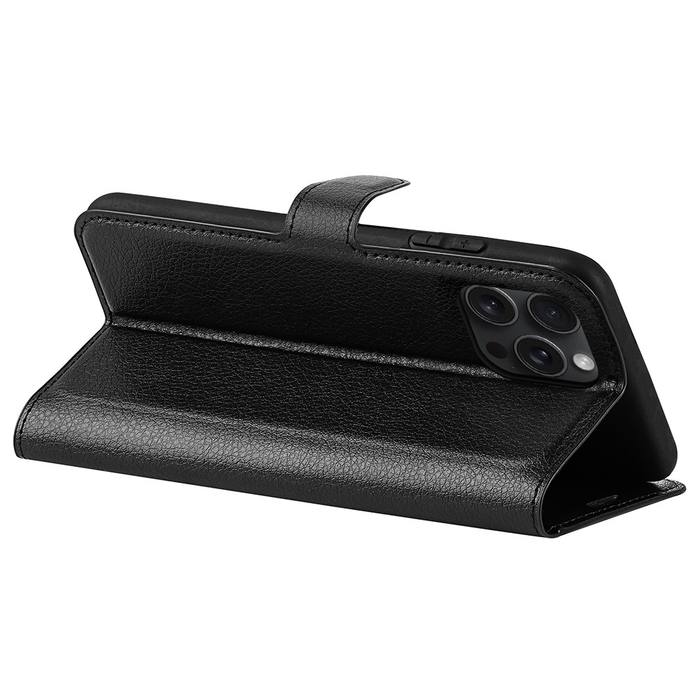  iPhone 16 Pro Fodral Litchi Läder Svart