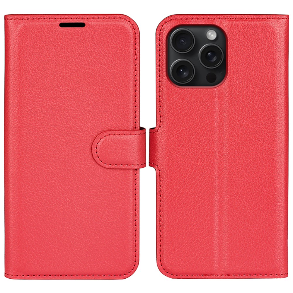 iPhone 16 Pro Fodral Litchi Läder Röd