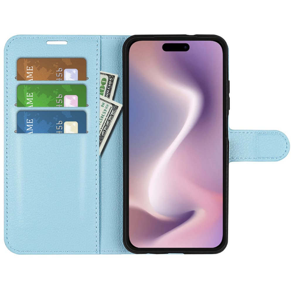  iPhone 16 Pro Fodral Litchi Läder Blå