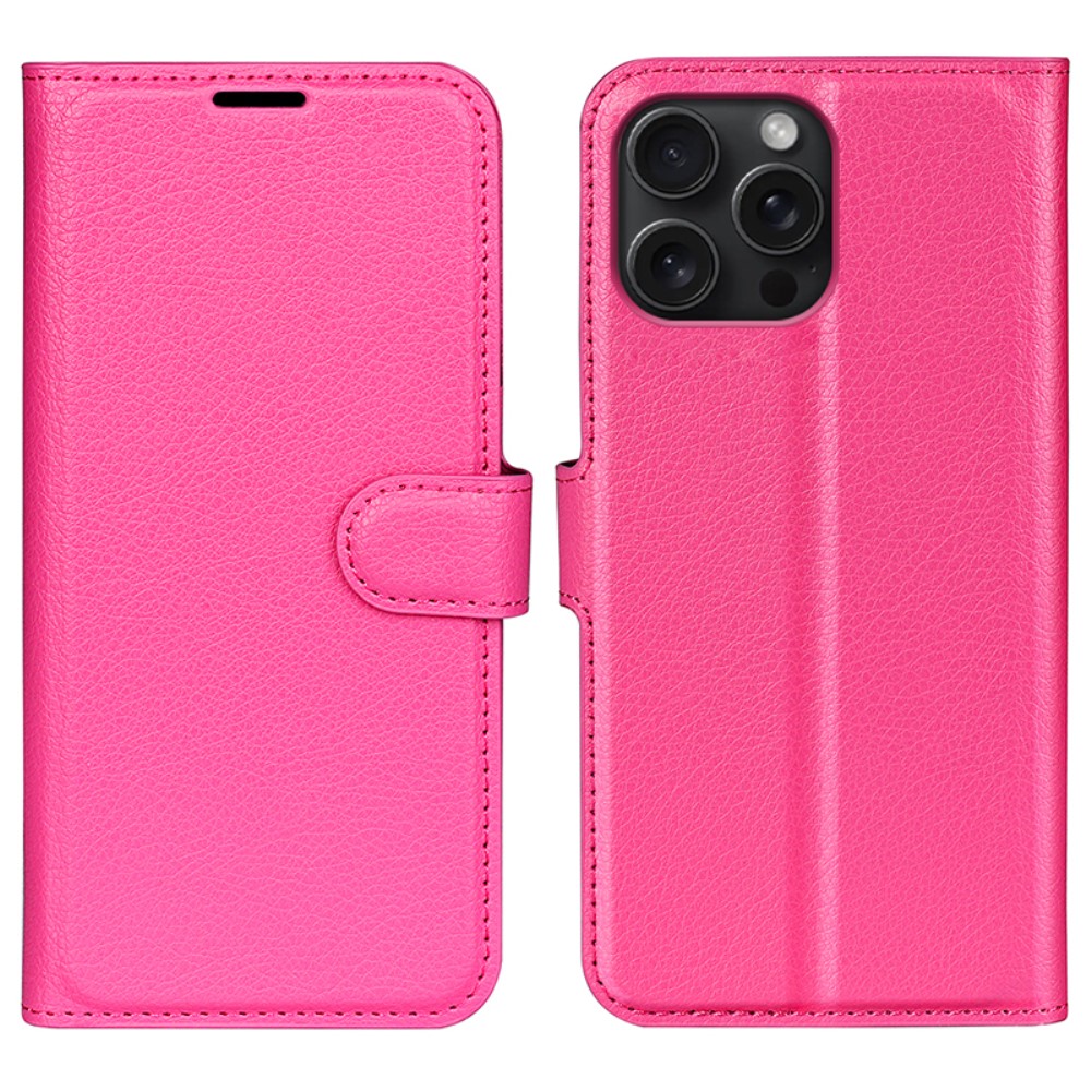  iPhone 16 Pro Fodral Litchi Läder Rosa