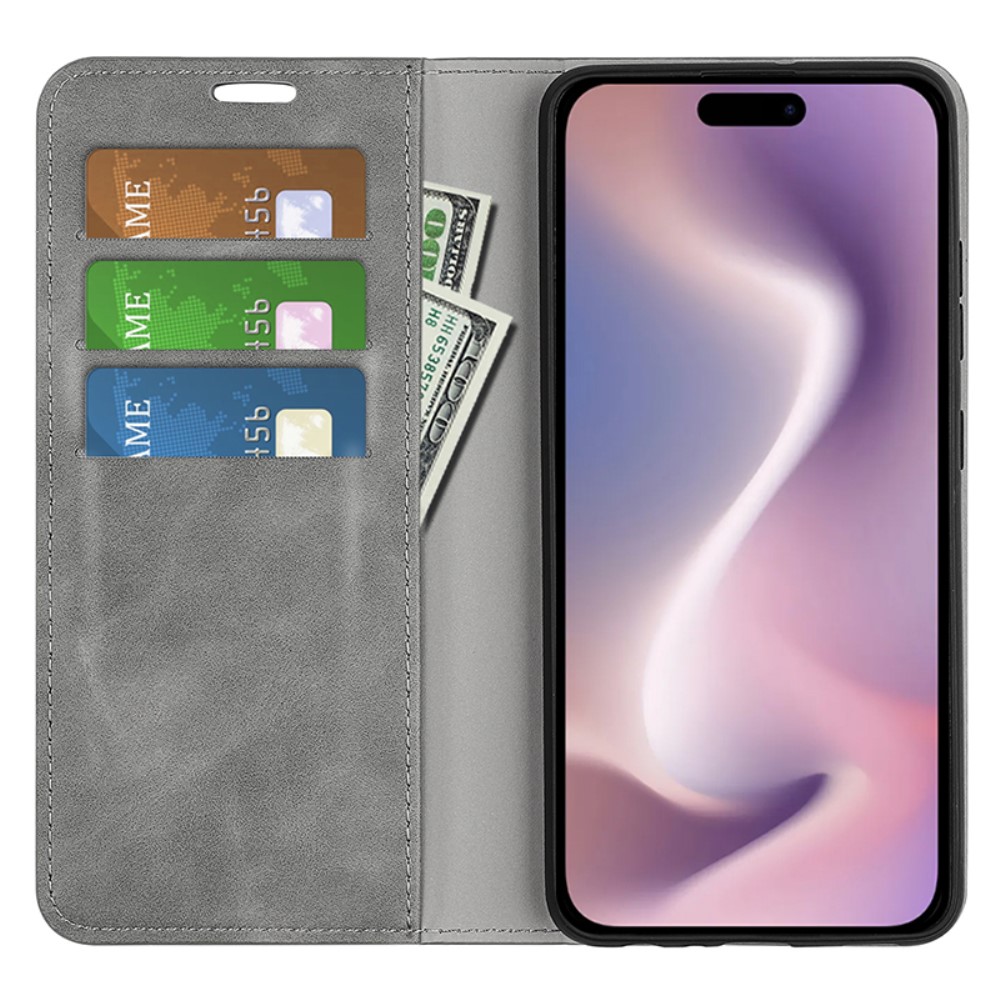  iPhone 16 Pro Fodral Flip Läder Grå